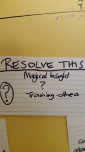 This is an index card that says: Resolve this! Magical Insight - ? - Training others.